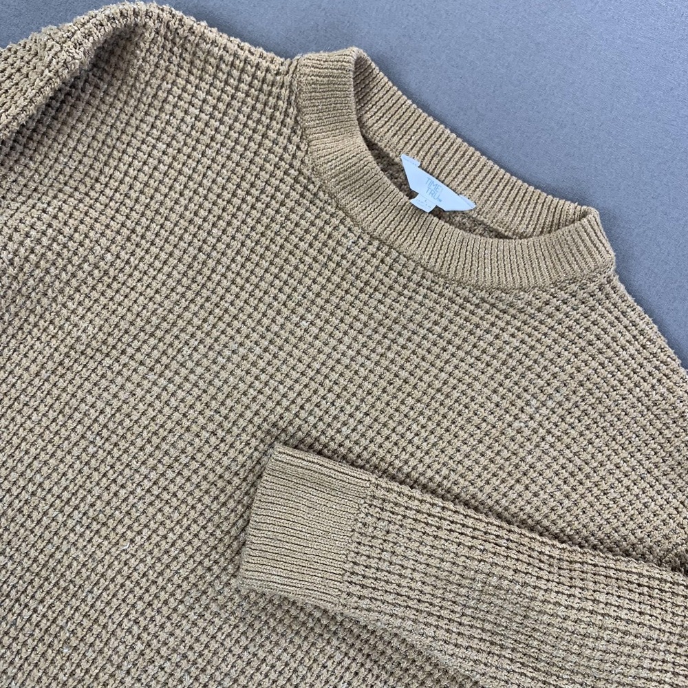 Time And Tru Sweater Womens Large Tan Waffle‎ Knit Crewneck Long Sleeve Top